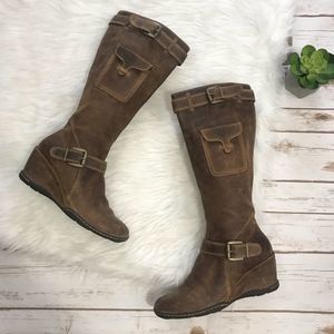 Distressed Brown Leather Knee High Wedge Heel Boots size 9 Ruff Hewn.